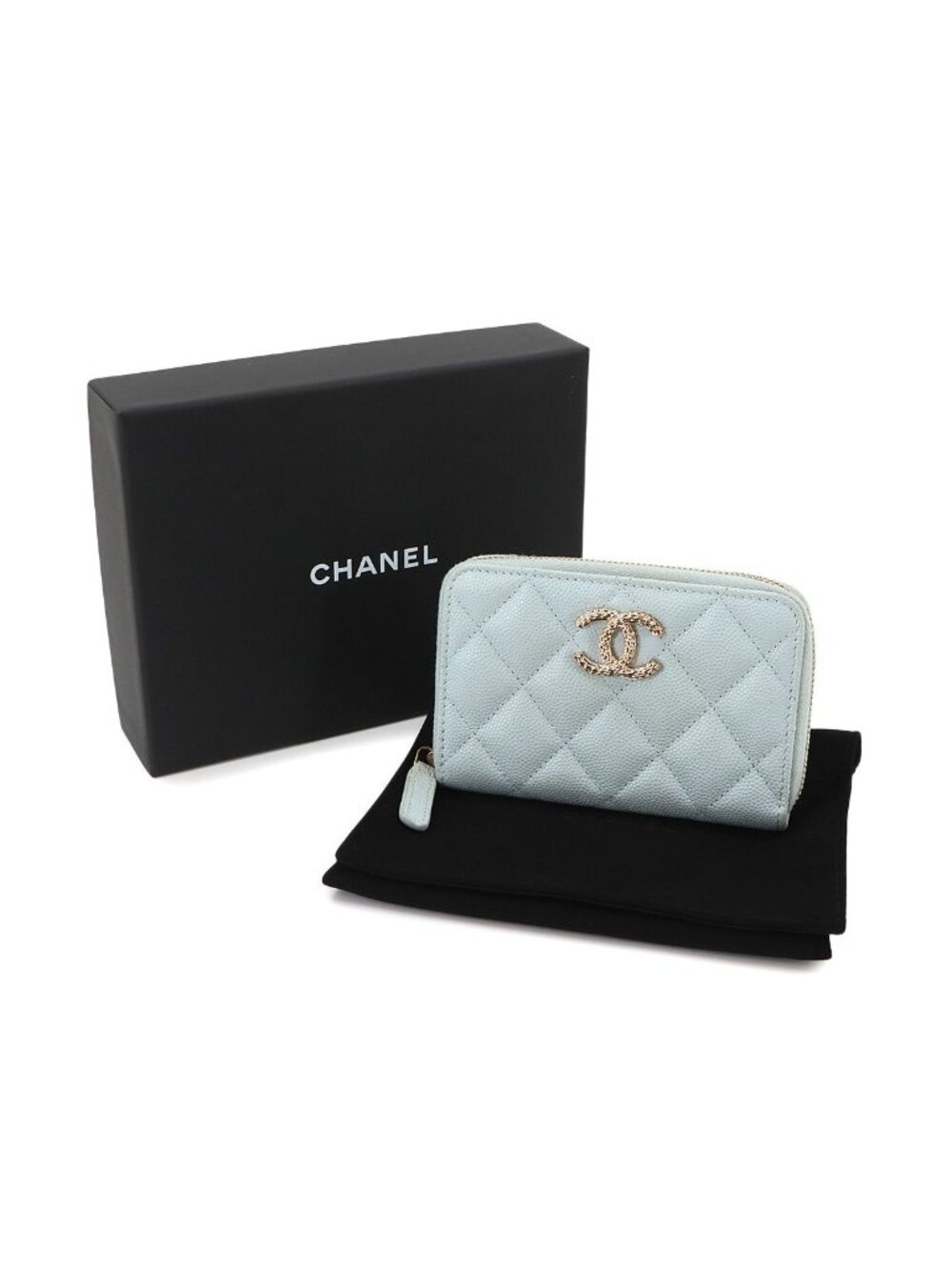 Chanel Quilted Coin Purse Caviar Leather Light Blue Gold - Picture 2 of 9